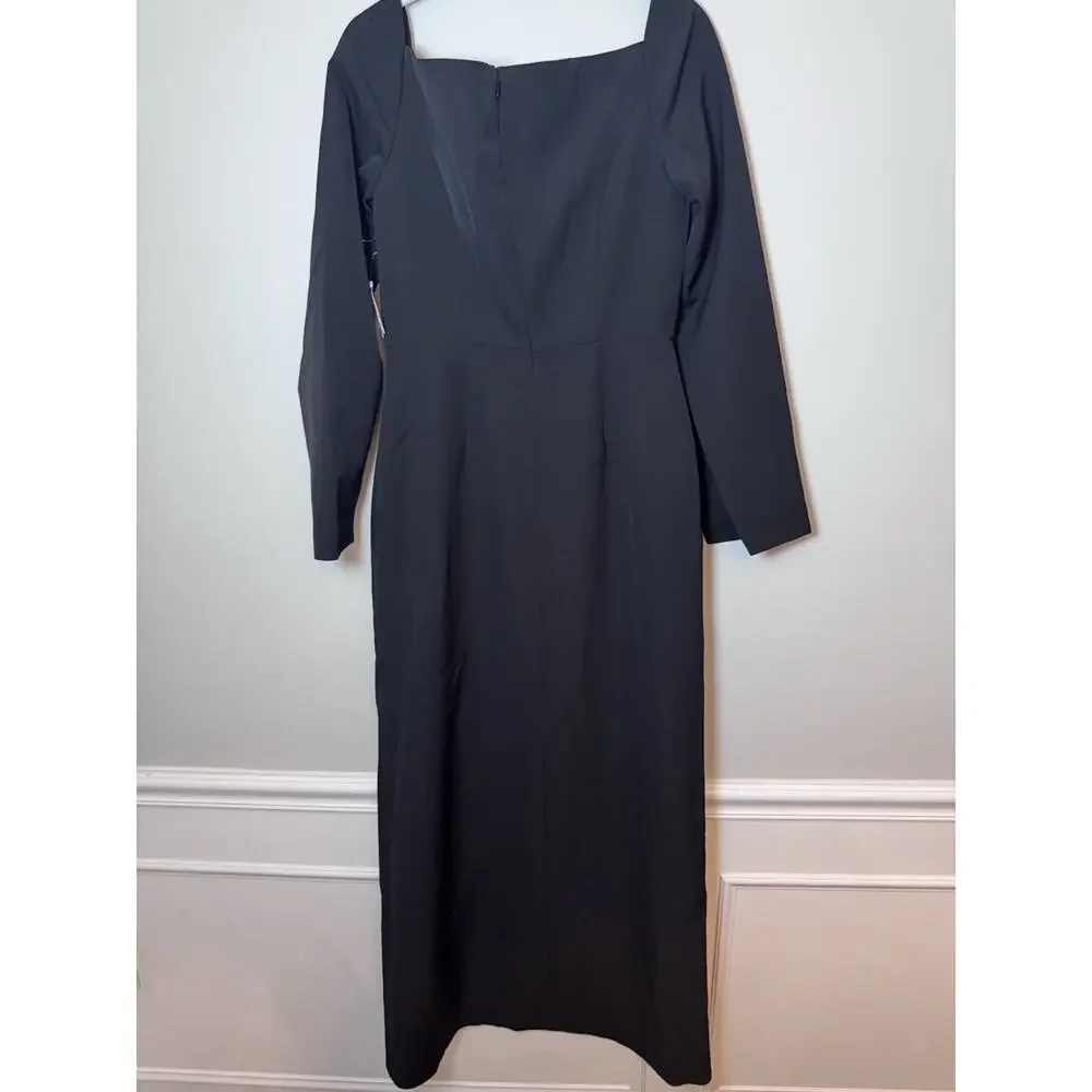Kay Unger Black Midi Dress Split Sleeve Slit On Leg Sz 4 NEW